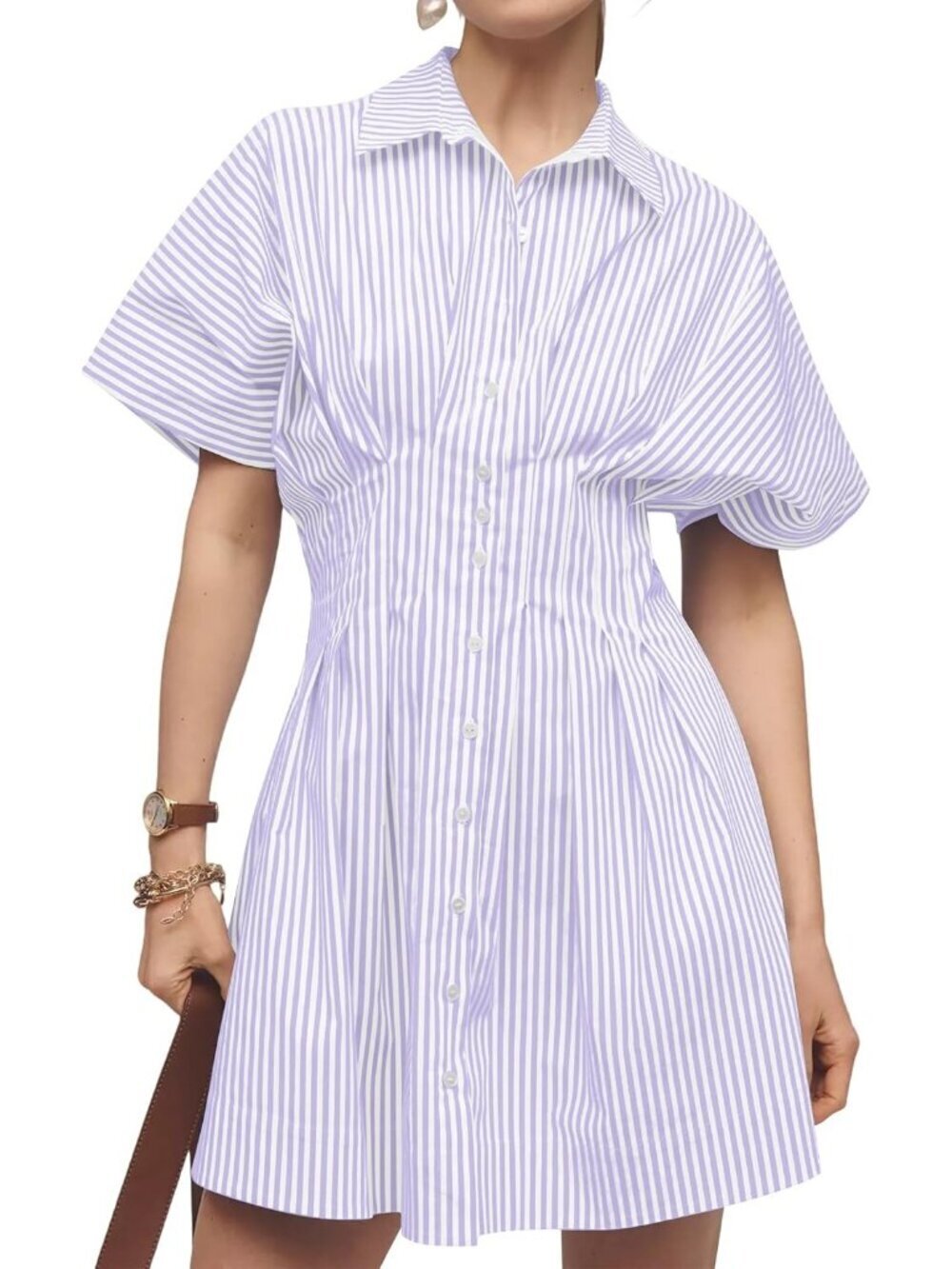 Women's White Button Down Short Sleeve Causal A Line Flowy Pleated Mini Dress